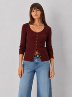 Z SUPPLY Albany Waffle Button Up Top in Velvet Rouge, deep burgundy ribbed knit with snap buttons, worn by model with wide-leg jeans, front view.