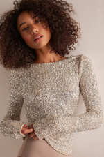 Free People Leading The Way LS silver sequin long-sleeve top with boat neckline, worn by model, front view