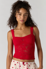 Free People Heirloom Cami in red crochet lace with square neckline and wide straps, front view on model