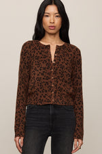 Z SUPPLY Medina Leopard Cardigan in Burnt Umber, front view on model, brown leopard print knit with gold buttons