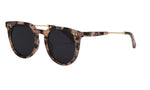 I SEA Ella sunglasses in Blonde Tort with smoke polarized lenses, round acetate frames with gold metal brow bar and temples, three-quarter view