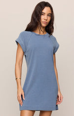 Z SUPPLY Tate Jersey Mini Dress in Santorini Indigo, front view on model, featuring raglan cap sleeves and crew neck