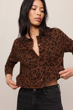 Z SUPPLY Medina Leopard Cardigan in Burnt Umber, model wearing brown leopard-print button-front knit cardigan with black jeans