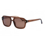 I-SEA Royal sunglasses in taupe/brown with square aviator frames, double bridge, gold hardware, and brown polarized lenses, angled side view.