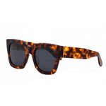 I SEA Jolene sunglasses in tortoiseshell with dark smoke polarized lenses, chunky square acetate frame, 3/4 angle view