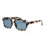 I-SEA Royal sunglasses in Snow Tortoise frame with navy polarized lenses, double bridge aviator style, angled side view