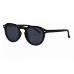 I SEA Blair sunglasses in matte black with round frames, double bridge, and dark smoke polarized lenses, angled side view