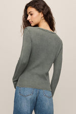 Z SUPPLY Arlet Mini Thermal Top in Monstera green, back view on model, waffle-knit texture, long sleeves, paired with wide-leg jeans