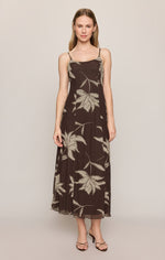 Z SUPPLY Charisma Floral Midi Dress in dark chocolate with cream lily print, spaghetti straps, front view on model