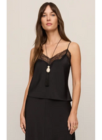 Z SUPPLY Kori Lace Inset Cami in black, front view on model, featuring V-neck lace trim and thin spaghetti straps