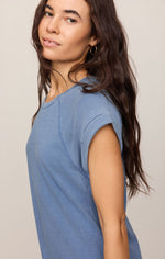 Z SUPPLY Tate Jersey Denim Mini Dress in Santorini Indigo, close-up side view on model showing cap sleeves and crew neck