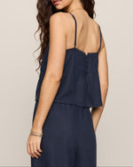 Z Supply Lille Embroidered Woven Tank in Eclipse navy, back view on model showing lace trim, thin straps, and cropped silhouette