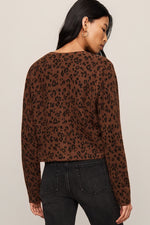 Z Supply Medina Leopard Cardigan in Burnt Umber, back view on model, brown leopard print knit with long sleeves