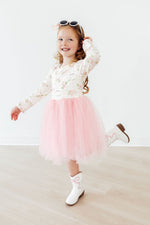 Mila Spring Kittens L/S Tutu Dress in pink floral with kitten print bodice and blush tulle skirt, worn by smiling girl with cowboy boots