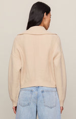 Z SUPPLY Silverlake Cardigan in Chalk — back view on model, cream knit with collar, ribbed detailing, and long sleeves