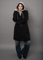 RD Style Despina Ladies Scuba Coat in black with detachable grey hoodie insert, single button closure, model front view