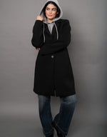 RD Style Despina Ladies Scuba Coat in black with attached grey hoodie, single button closure, worn over wide-leg jeans, front view