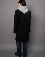RD Style Despina Ladies Scuba Coat back view, black with grey hood lining, worn over blue jeans on female model