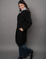 RD Style Despina Ladies Scuba Coat in black with grey hooded inner, side view on model with wide-leg jeans