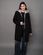 RD Style Despina Ladies Scuba Coat in black with grey hoodie insert, front view on model with wide-leg jeans