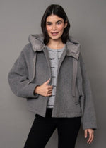 RD Style Cali Melton Jacket in Grey Melange with detachable nylon hood, worn open over grey sweater, front view on model