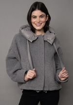 RD Style Cali Melton Jacket in Grey Melange, front view on model, featuring nylon detachable hood with drawstring ties