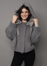 RD Style Cali Melton Jacket in Grey Melange, model wearing oversized wool jacket with detachable nylon hood, front view