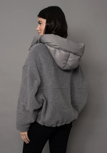 RD Style Cali Melton Jacket in Grey Melange, back view on model, featuring oversized wool body and quilted nylon detachable hood
