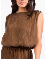 Sadie and Sage Sepia Sky Bubble Top in bronze olive, crinkle-textured sleeveless top with bateau neckline and drawstring waist, worn by model