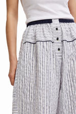 Free People Cross My Heart Lounge Pant in Ivory Combo, close-up detail of navy stripe seersucker fabric, elastic waistband, and button placket