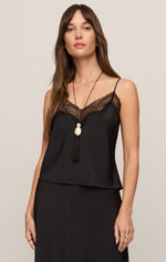Z SUPPLY Kori Lace Inset Cami in black, featuring V-neck lace trim and spaghetti straps, shown on model with pendant necklace