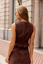 Steve Madden Fontana Vest in dark chocolate suede, back view on model, sleeveless with elastic waist detail