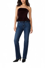 Steve Madden Dawnette Top in Deep Fig velvet, strapless corset-style worn with matching wide-leg pants, front view on model