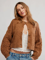 Free People Thistle Cardi in Macadamia — cropped boucle knit cardigan with button front, worn open over white eyelet top with jeans