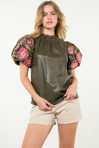 EMBROIDERED VEGAN LEATHER  TOP-OLIVE