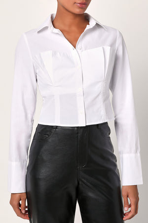 WHITE CROPPED BUSTIER BUTTON-UP TOP