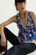 Free People Rome Printed Tank in Navy Combo, blue floral sleeveless top with lace trim and V-neck, worn by model with dark jeans