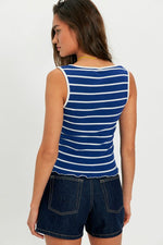 Free People Tilly Striped Tank in Navy Combo, back view on model, navy and white horizontal stripes, ribbed knit, lettuce hem