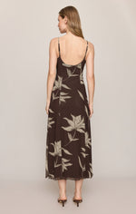 Z SUPPLY Charisma Floral Midi Dress in dark chocolate, back view on model, spaghetti straps, low scoop back, floral print