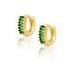Sahira Viola Emerald CZ Huggies — gold hoop earrings with channel-set green baguette stones, pair shown on white background