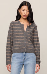 Z SUPPLY Medina Stripe Cardigan in Charcoal Heather, front view on model, gray knit with tan stripes and button front