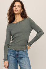 Z SUPPLY Arlet Mini Thermal Top in Monstera sage green, long-sleeve waffle-knit fabric, worn by model with blue jeans, front view