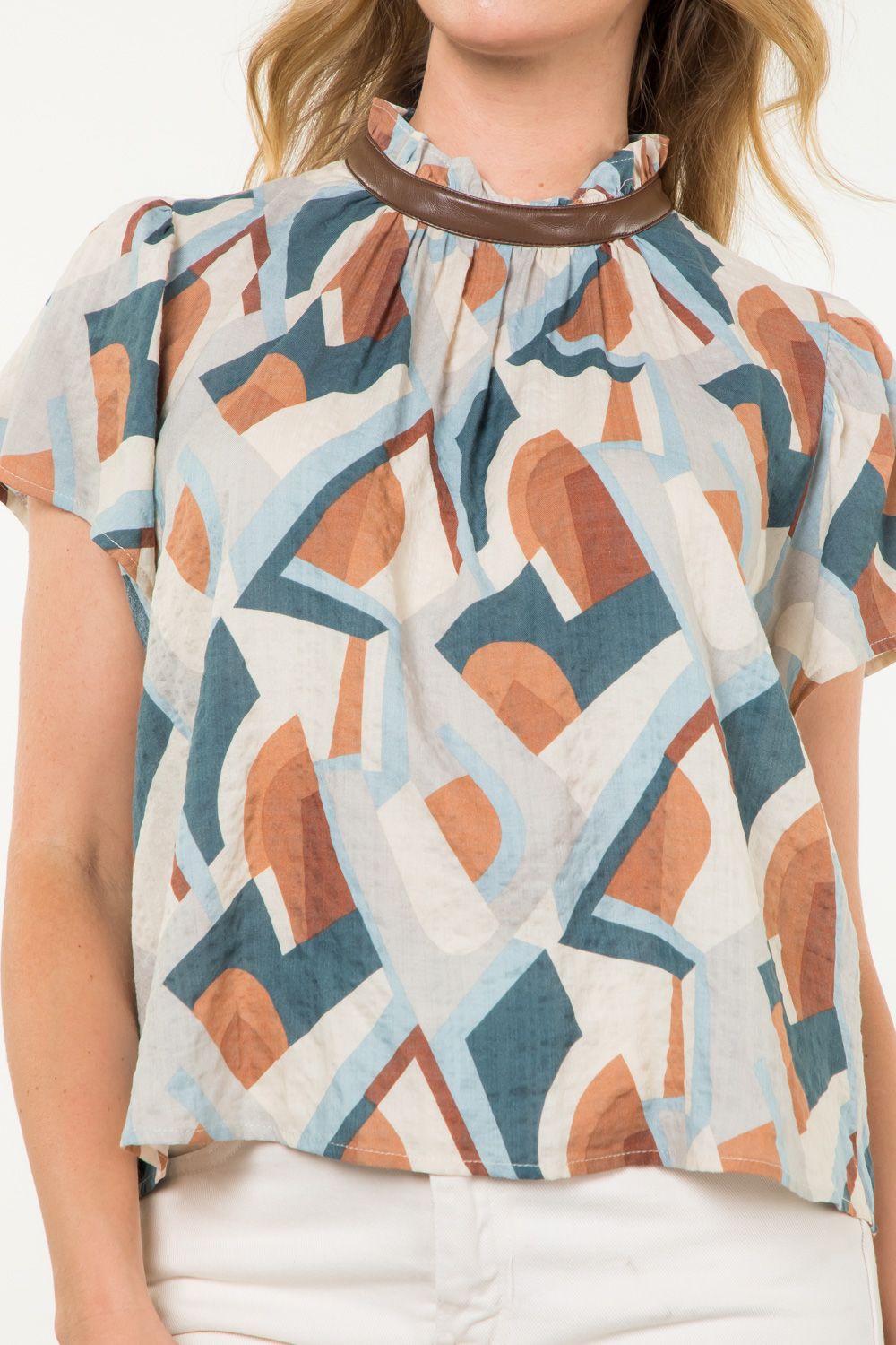 FLUTTER SLEEVE PRINTED TOP-BLUE/BROWN COMBO