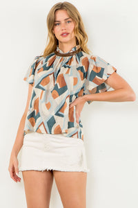 FLUTTER SLEEVE PRINTED TOP-BLUE/BROWN COMBO