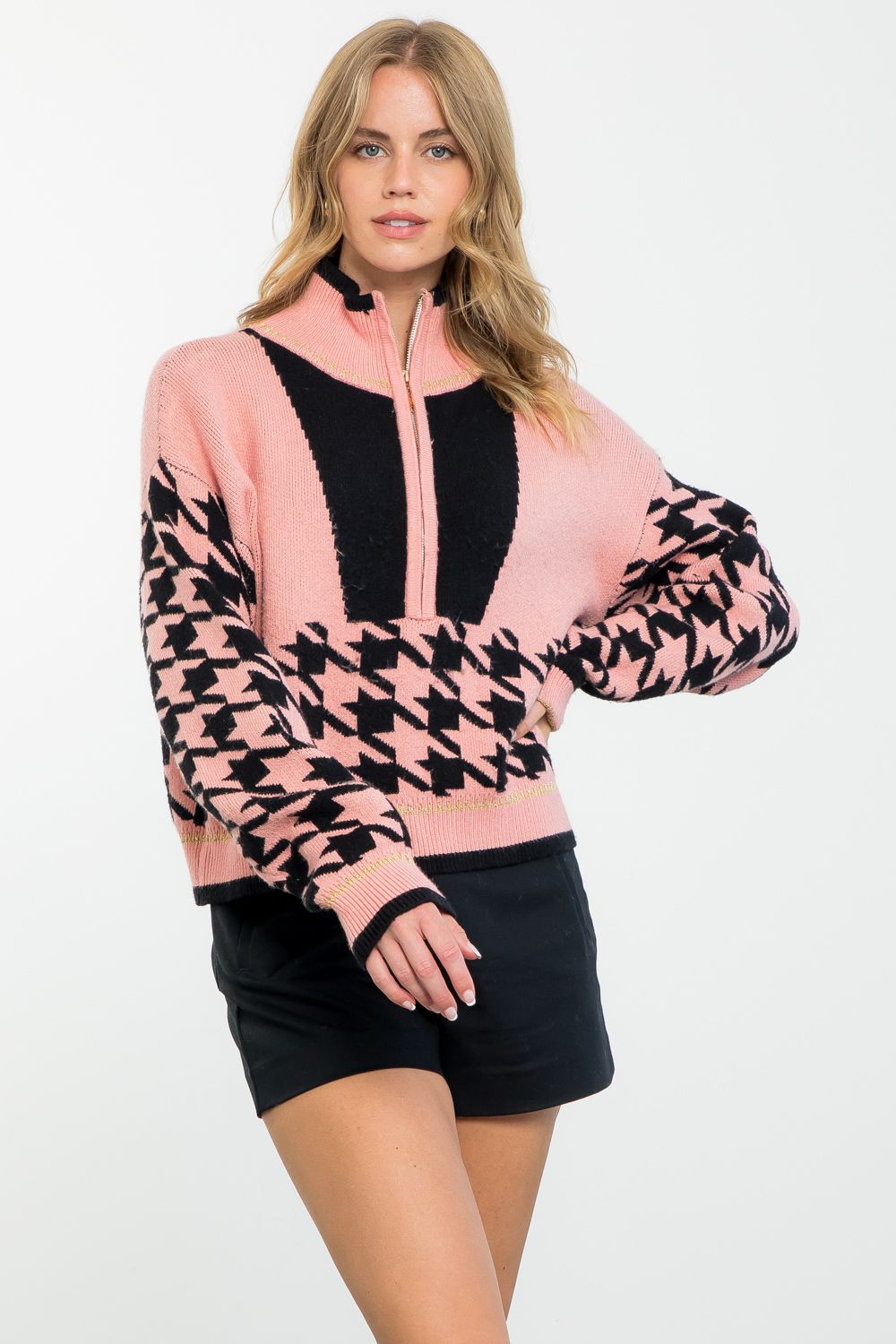 HOUNDSTOOTH SWEATER-PINK