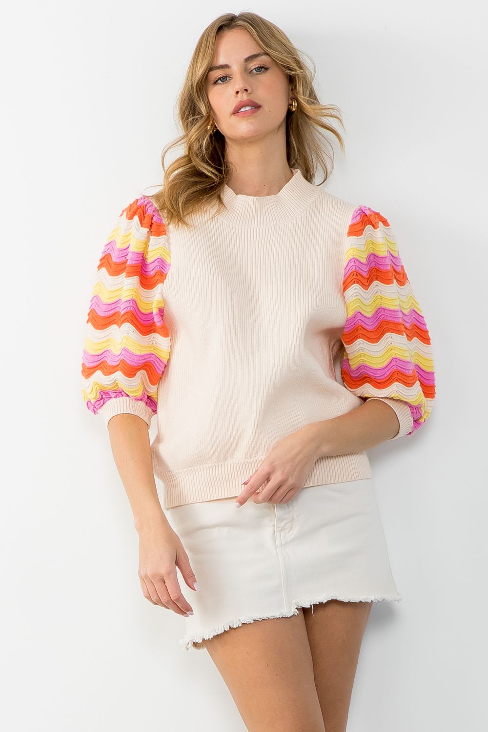 RIBBED KNIT TOP MULTI COLOR SLEEVE