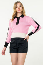 COLLARED COLOR BLOCK SWEATER-PINK