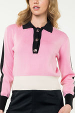 COLLARED COLOR BLOCK SWEATER-PINK