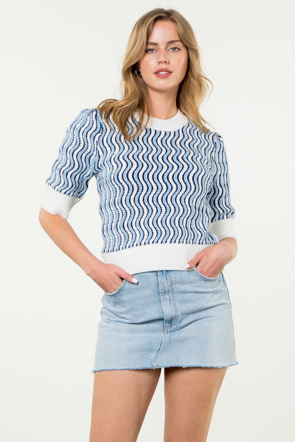 SHORT SLEEVE KNIT TOP-BLUE MULTI