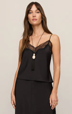 Z SUPPLY Kori Lace Inset Cami in black, featuring V-neckline with delicate lace trim and thin spaghetti straps, front model view
